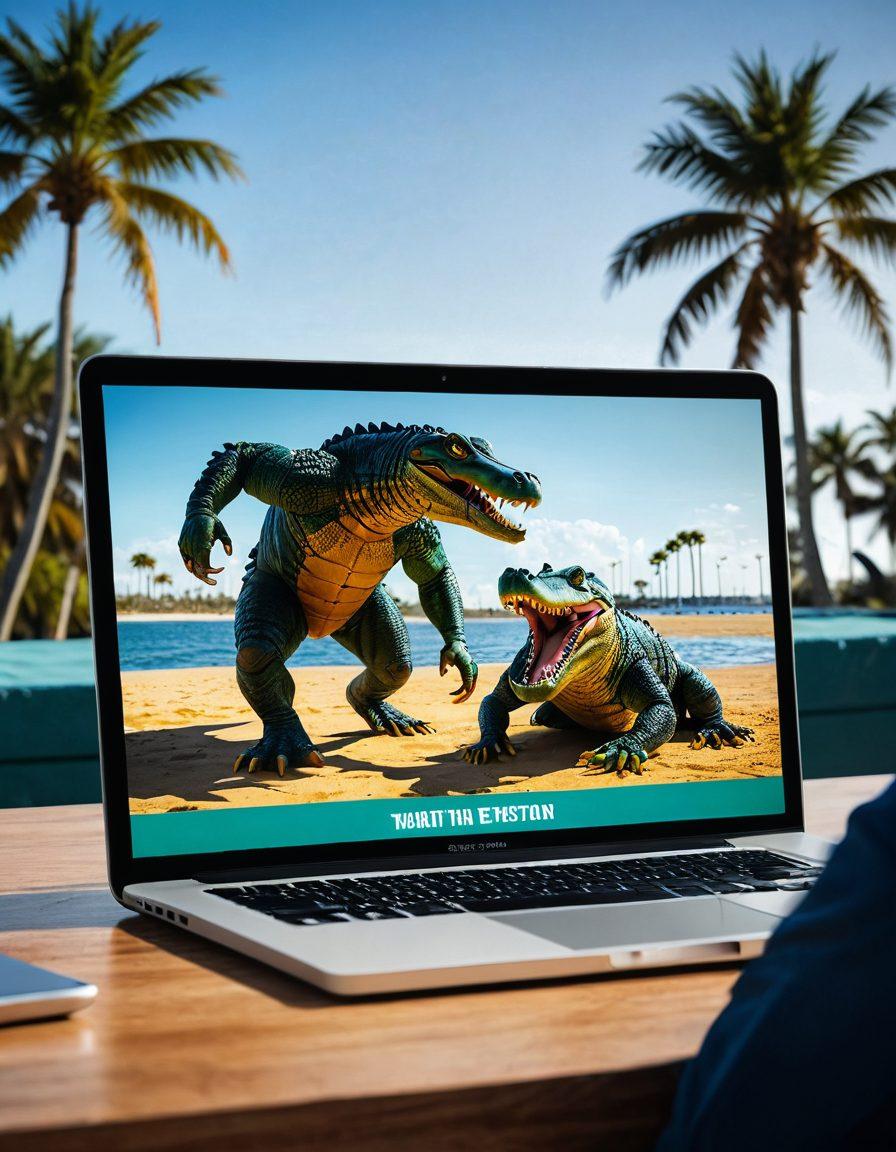 A quirky scene blending a fierce gator wrestling match in the foreground with a sleek, modern web design studio in the background. Include elements of Florida's sunny landscape and digital tech, like palm trees, laptops, and coding screens. Ensure a harmonious balance between the raw energy of wrestling and the sophistication of web design. vibrant colors. super-realistic.