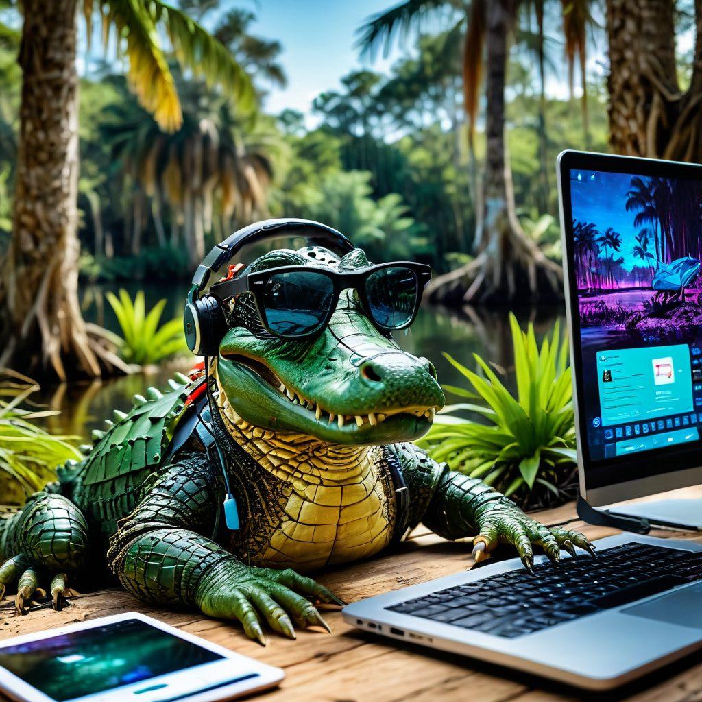 A dynamic scene of a high-tech alligator wearing headphones and glasses surrounded by vibrant digital devices, coding screens, and social media icons, all set in a lush Florida swamp with palm trees and cypress knees. The alligator is the central figure, representing the unique blend of nature and technology. super-realistic. vibrant colors.