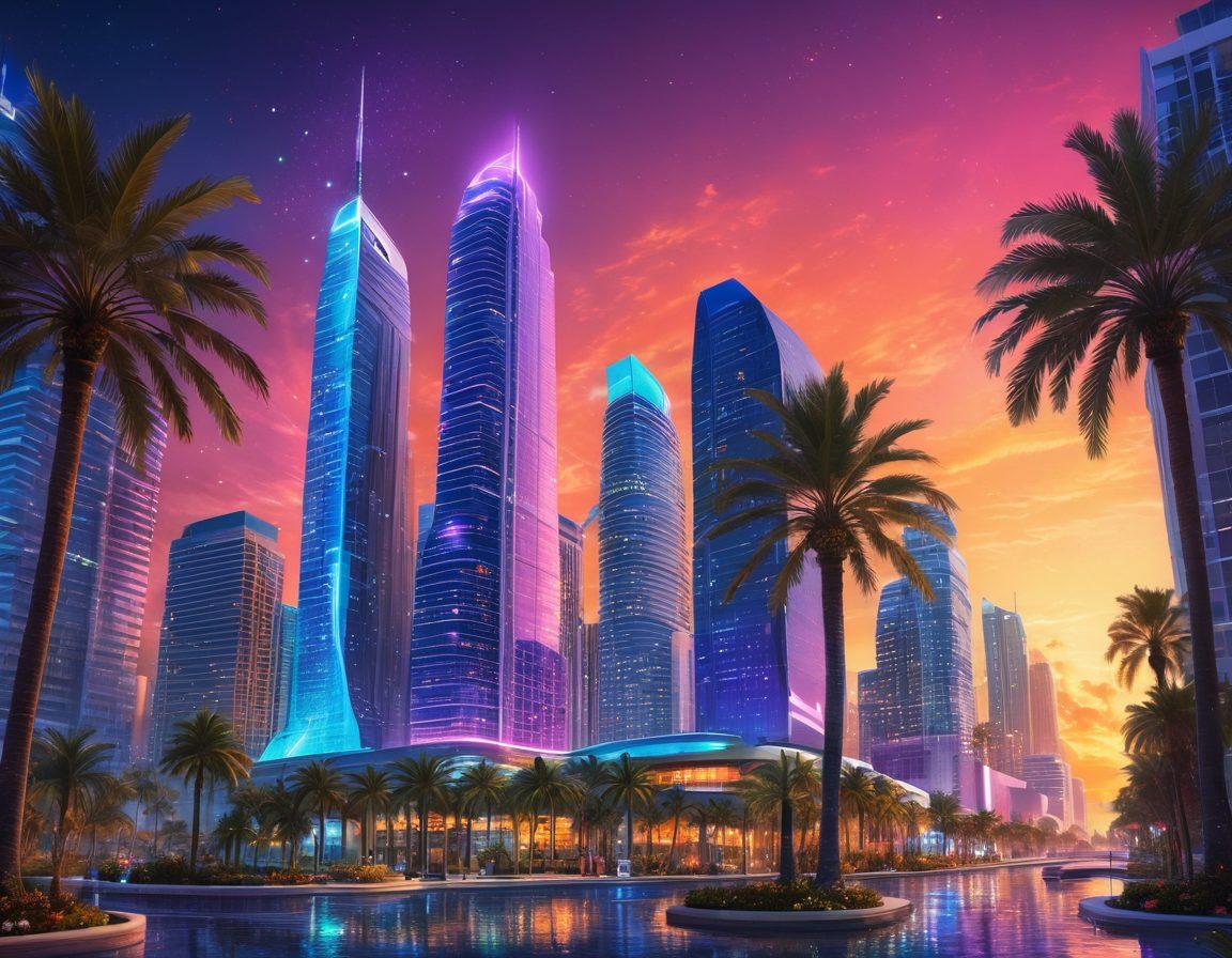 A dynamic, bustling Florida cityscape with modern skyscrapers and palm trees, integrated with vibrant digital elements like glowing graphics of websites, apps, and digital tools emerging from the buildings. Illustrate the hidden gems using sparkling effects. super-realistic. vibrant colors. futuristic. glowing elements.